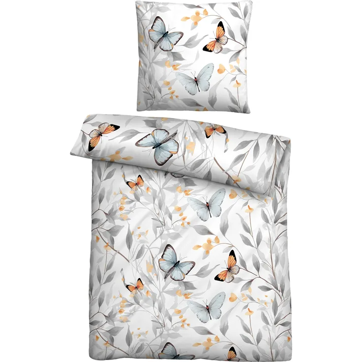 biberna Tencel Bettwäsche SCHMETTERLINGE, weiss, 1x 135x200 cm + 1x 80x80 cm