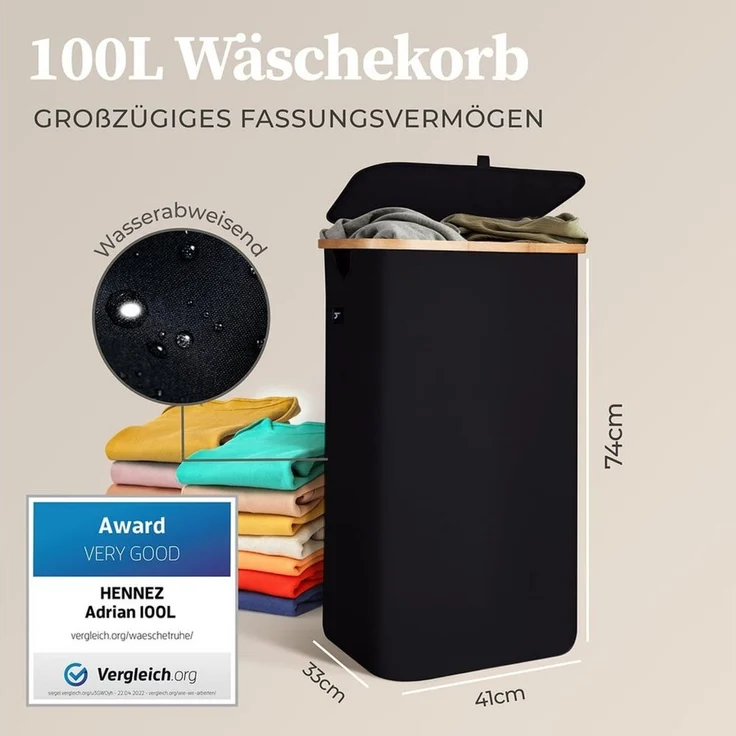 HENNEZ Wäschekorb mit Griff aus Bambus, 100 l – Wäschekorb mit Deckel, Dunkelgrau – Bild 2