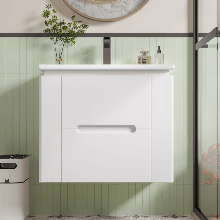 Flieks Waschtisch 61×46×48.5 cm, Wandhängender Badezimmerschrank mit LED, 2 Schubladen, seitliche Ablagen, integriertes Keramikbecken, weiß – Bild 3