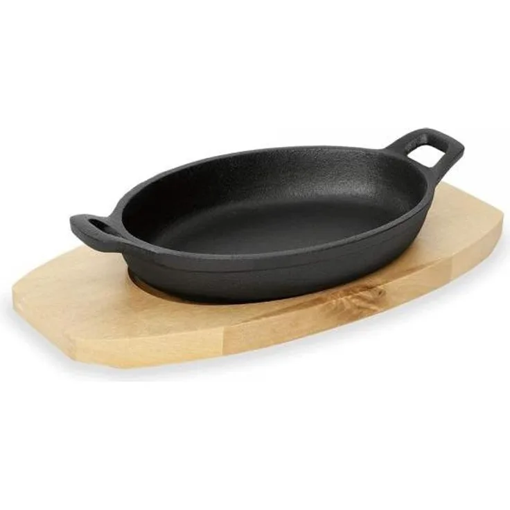 Bratpfanne / Servierpfanne oval 24x17 cm Gusseisen mit Holzuntersetzer