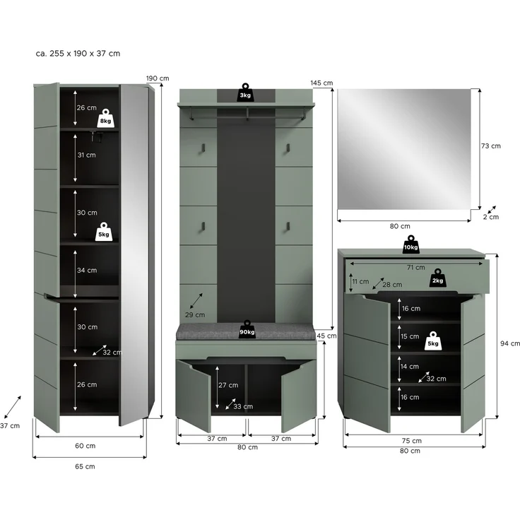 Garderoben-Set >Canu< in Basalt Grau / Smoke Green - 255x190x37cm (BxHxT) – Bild 5