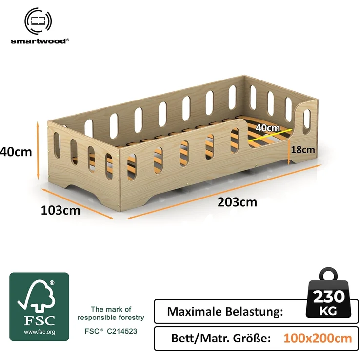 smartwood Kinderbett Bodenbett 100x200 mit Rausfallschutz & Lattenrost - Schwarz - Kinder Montessori Bett TILA 2P mit glatten Kanten - Betten für schnelle Montage - Bis 230 kg belastbar – Bild 2
