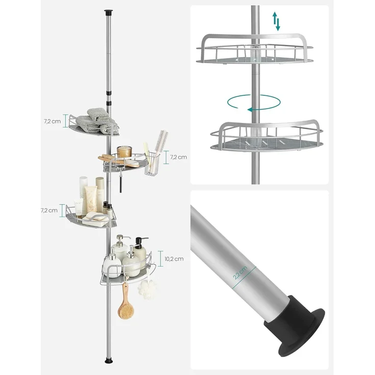 Songmics Duschregal, Badregal, Duschablage ohne Bohren, Gesamthöhe 80-323 cm, mit 4 Ebenen, Regal höhenverstellbar, für Badezimmer, taubengrau BCBDE003E01 – Bild 6