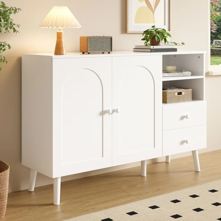 Merax Sideboard, gewölbte Türen, Holzgriffe, Holzfüße, mit 2 Türen, 2 Schubladen und 2offenem Fach, Mehrfachaufbewahrung, Weiß – Bild 3