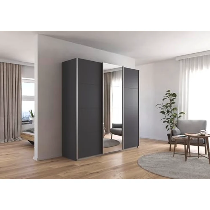 Rauch Möbel Kulmbach, Kleiderschrank mit Schwebetüren für Schlafzimmer, Kinderzimmer, Jugendzimmer, Garderobe, Flur, 3-türig, mit Spiegel, Zubehör Basic, Farbe Grau metallic, Schwarz, Breite 203 cm – Bild 2