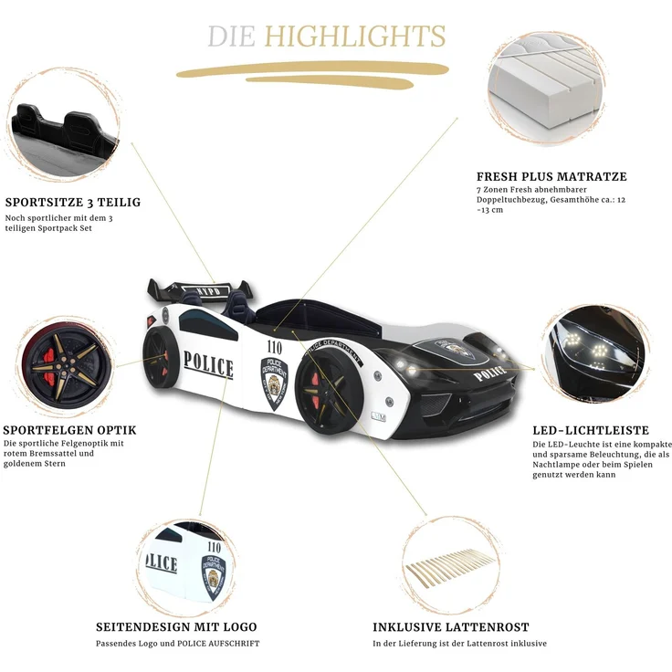 Autobett Kinderbett "Police" + Sportsitze 90x200 inkl. Lattenrost – Bild 2