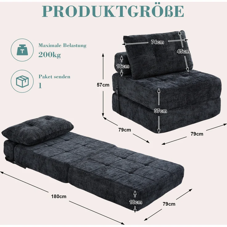 LVHOM Schlafsofa mit Schlaffunktion und Kissen, tragbares Klappsofa mit Rückenlehne, bis 200kg, für Wohnzimmer Büro, Schwarz – Bild 7
