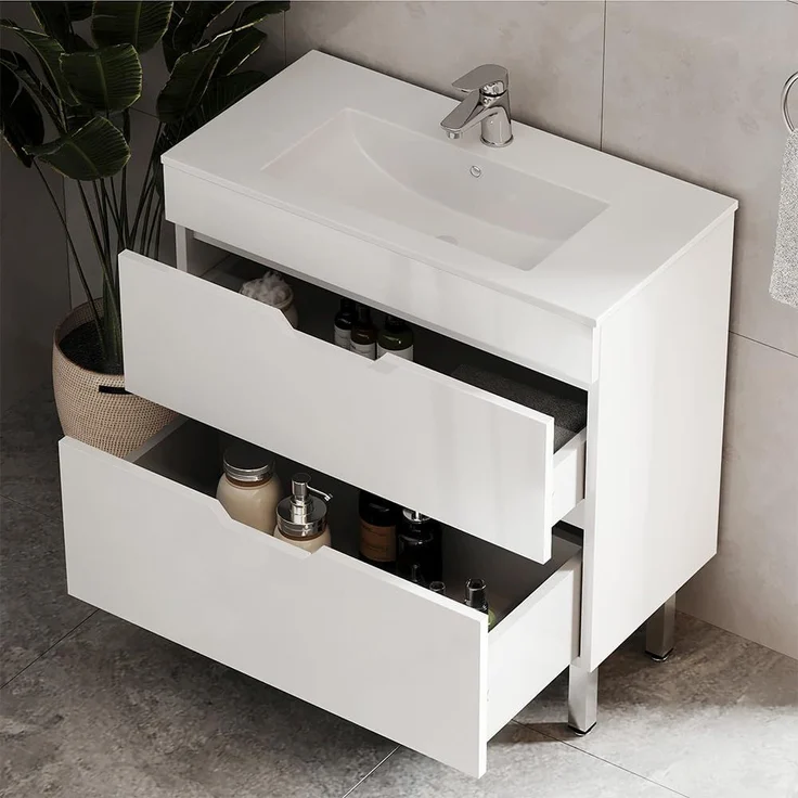 Waschbeckenunterschrank Clayton Weiß 2 Teile, Unterschrank 80 cm Vicco – Bild 5