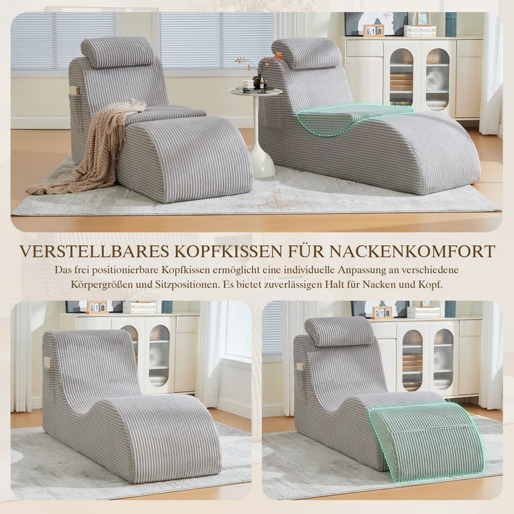 LVHOM Relaxsessel Ergonomisches Design, Lesesessel mit verstellbarer Kopfkissen und Sitzkissen, Fernsehsessel mit Seitentasche, Cord Bezug, bis 200kg belastbar – Bild 3