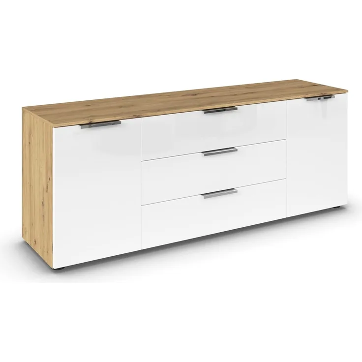 Rauch Möbel Flipp, Sideboard, TV-Schrank, Kommode mit Stauraum, Eiche Artisan-Glasfront Weiß, Holz, 2-türig, Glastüren, 3 Schubladen, Griffe Chrom, 160 x 61 x 42 cm