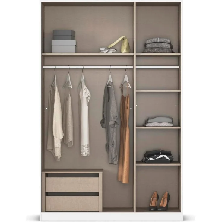 Rauch Möbel Alabama, Kleiderschrank, Garderobe, 3-türig, Zubehör Premium, 2 Kleiderstangen, 5 Einlegeböden, Schubladeneinsatz, Farbe Beige, Griff Grau metallic, 136 x 210 x 54 cm – Bild 6