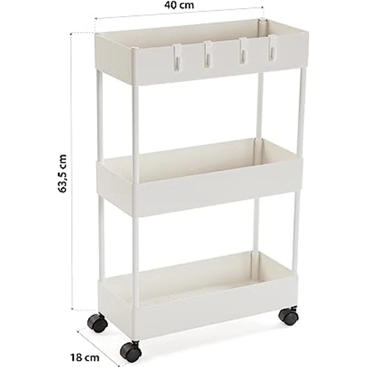 Versa Skuvoy Badezimmer-Hilfsmöbel, Aufbewahrungswagen oder -Karren, mit 3 Einlegeböden und Laufrollen, Maßnahmen (H x L x B) 63,5 x 18 x 40 cm, ABS und Kunststoff, Farbe: Weiß – Bild 9