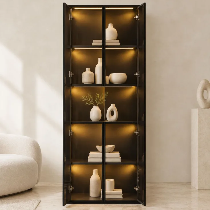 Eckvitrine 62 x 32 x 160 cm aus MDF mit Glasfronten und LED-Beleuchtung