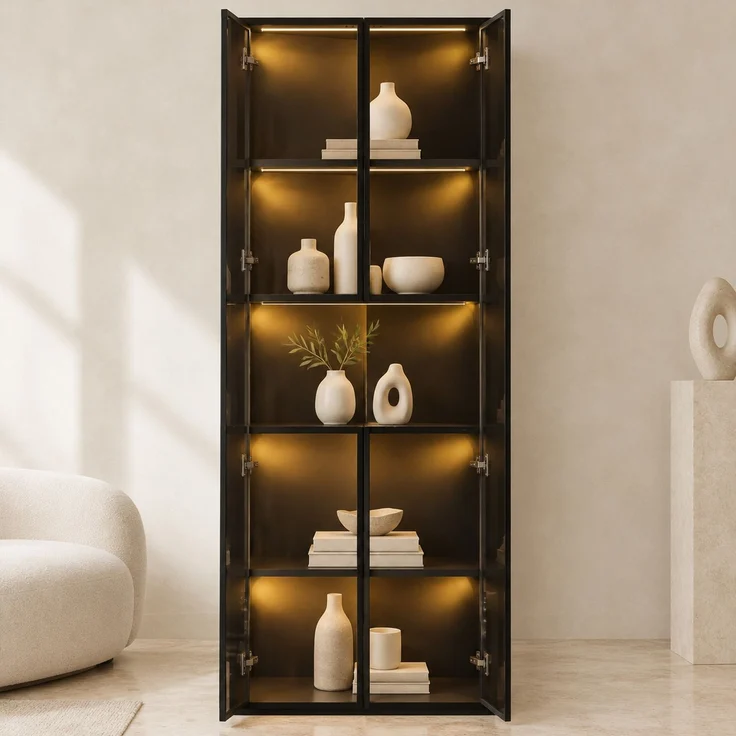 Eckvitrine 62 x 32 x 160 cm aus MDF mit Glasfronten und LED-Beleuchtung – Bild 1