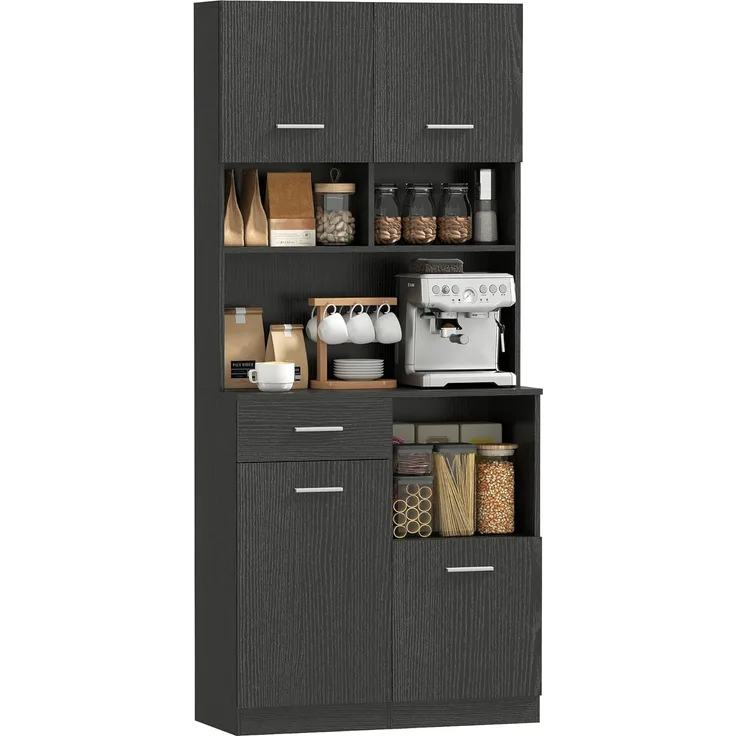 HOMCOM Küchenbuffet mit verstellbaren Regale, Schublade (Vitrinenschrank, 1-St, Hochschrank) für Küche, Esszimmer, Schwarz