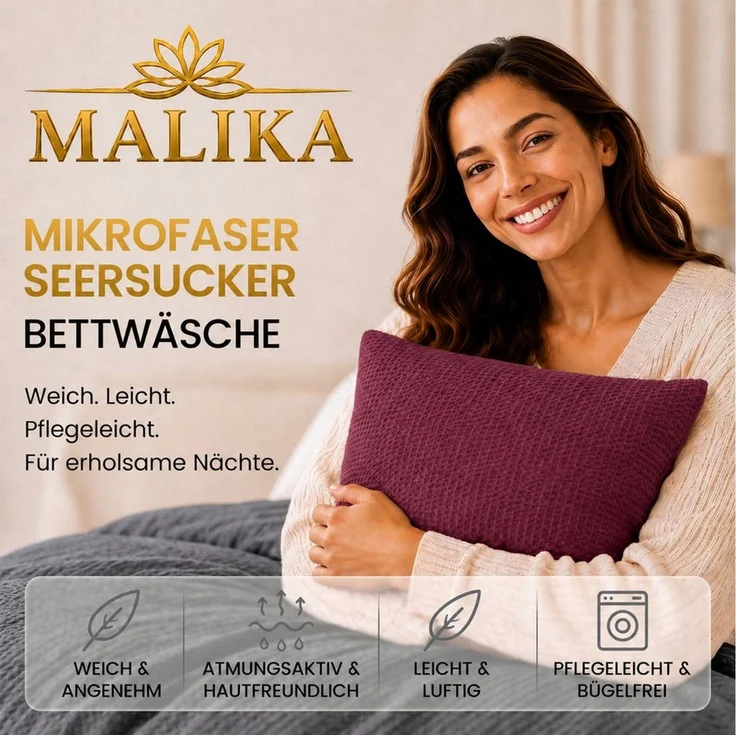 Malika Bettwäsche aus 100 % Mikrofaser, 1 x 135 x 200 + 1 x 80 x 80 cm, Seersucker, Bordo-Grau, Seersucker, 2 teilig, Für Allergiker geeignet, pflegeleicht, angenehm weicher Stoff – Bild 2