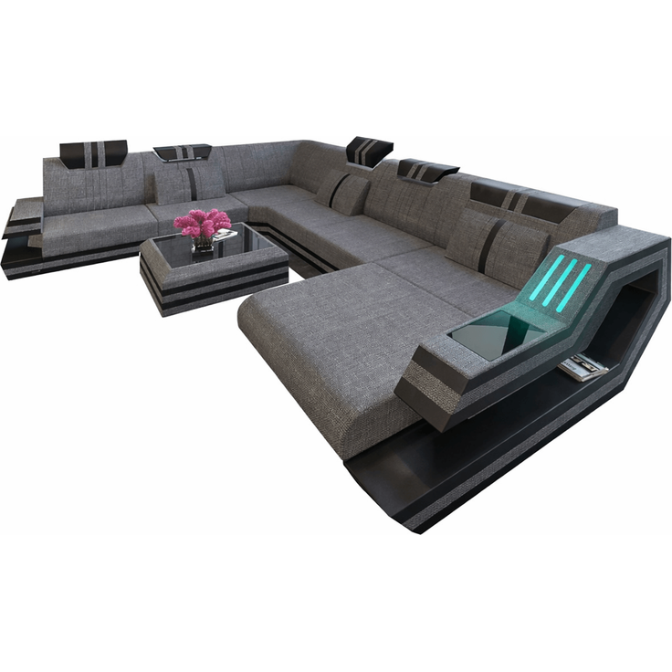 Leder-Stoff-Mix Wohnlandschaft Ravenna XL LED - Strukturstoff - Grau-Schwarz - Rechts