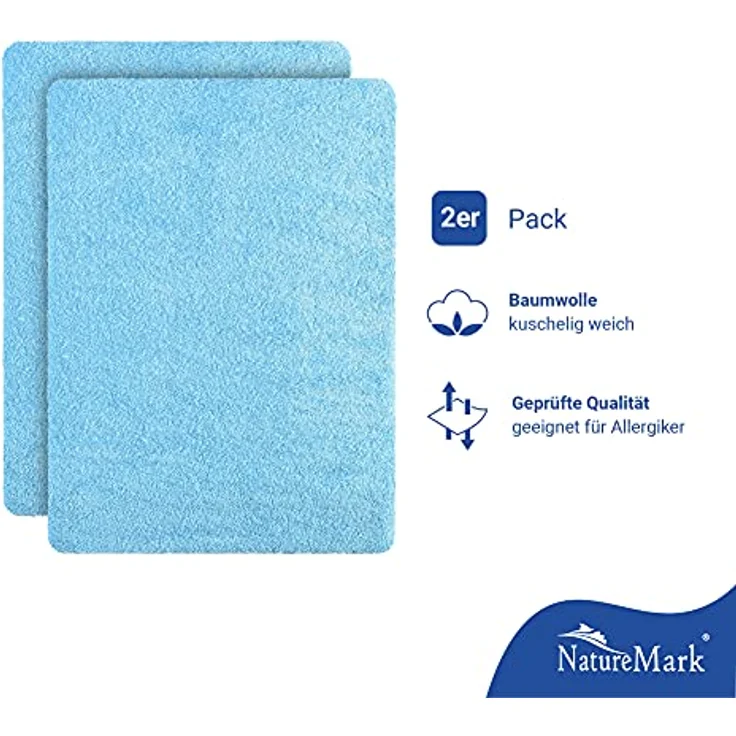 NatureMark Spannbettlaken Frottee Spannbettlaken, 80% Baumwolle / 20% Polyester, Gummizug: rundum, (2 Stück), 2er Set Kinder Spannbettlaken Frottee, Spannbetttuch 80% Baumwolle / 20% Polyester, für Babybett und Kinderbett, 70x140 cm - Hellblau – Bild 3