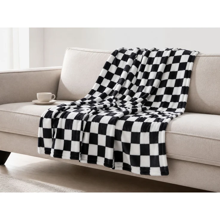 Flanell-Fleecedecke mit Schachbrettmuster für Sofa und Bett Schwarz-Weiß, 135x200 cm – Bild 2