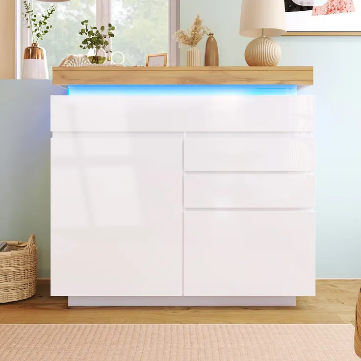 Sideboard Hochglanz mit LED (App/Touch), 2 Türen & 3 Schubladen, 110x39x115 cm, Weiß
