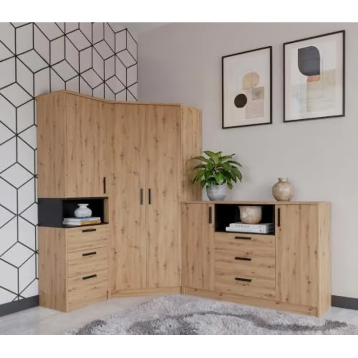 Marmex Möbel Grant Set-38A Wohnwand Möbelset mit Eckschrank & Sideboard, Schlafzimmermöbel-Set, laminierte Spanplatte, artisan Eiche + schwarz, 143/228x195x40 cm