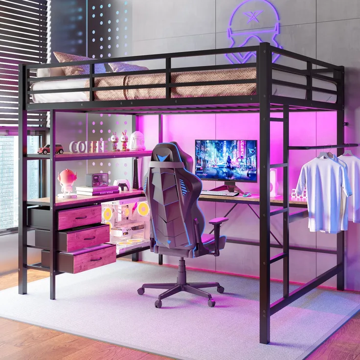 EINHOM Hochbett, 140 x 200 cm, mit LED-Leuchten, Schreibtisch, Steckdose + USB, 3 Schubladen, Regale, Geländer, Treppe, Schwarz (Ohne Matratze)
