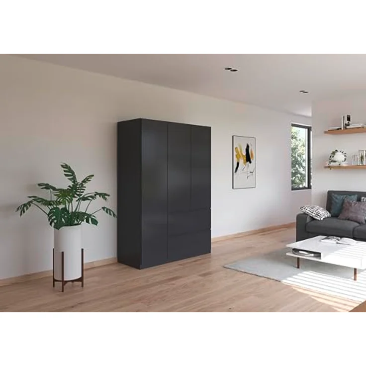 Rauch Möbel Costa, Kleiderschrank für Schlafzimmer, Kinderzimmer, Babyzimmer, Garderobe, Flur, 3-türig, 2 Schubladen, Push-to-Open, mit Zubehör Premium, Farbe Grau metallic, Schwarz, Breite 136 cm – Bild 3