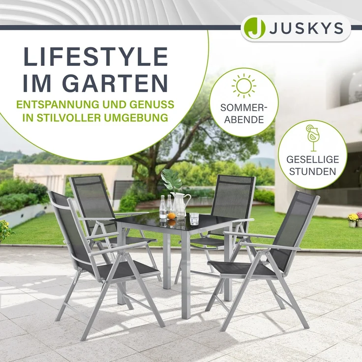 Juskys Aluminium Gartengarnitur Milano 4+1 — 4 Hochlehner Stühle verstellbar & klappbar mit Tisch — Gartenmöbel Set 5-teilig wetterfest — Silber – Bild 6