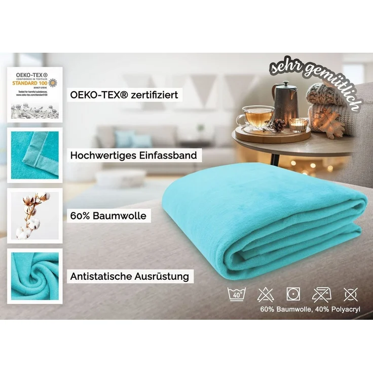 ZOLLNER Kuscheldecke mit Einfassband, 150x200 cm, türkis (blau) – Bild 3