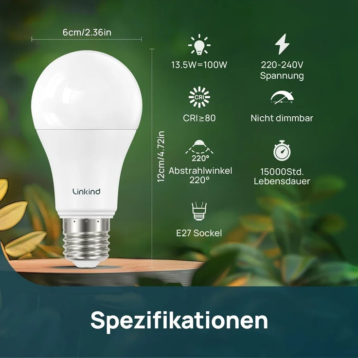 Linkind 13,5W Superhelle E27 Glühbirne - ersetzt 100W, 5000K Tageslichtweiß, 1560LM A60 Edison Form, 220°, Nicht Dimmbar, 3 Stück – Bild 2