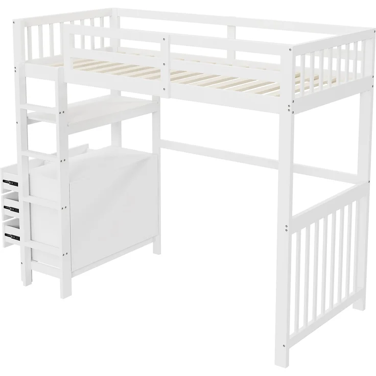 Weißes Hochbett 90x200 cm Mit 6 Schubladen Und Sicherheitsleiter Kinderhochbett Mit Aufbewahrungsschrank Massivkiefer Etagenbett Stauraum Lösung Sicherheitsbett Jugendzimmer Regal Unterbett – Bild 10