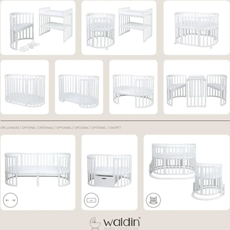 Waldin Oval Baby-Bett Mitwachsend Komplett Set 7in1, Gitterbett, Kinderbett mit Matratze, Wickelkommode, Beistellbett, Holz Weiß, Stoffe Weiß Zweige – Bild 3
