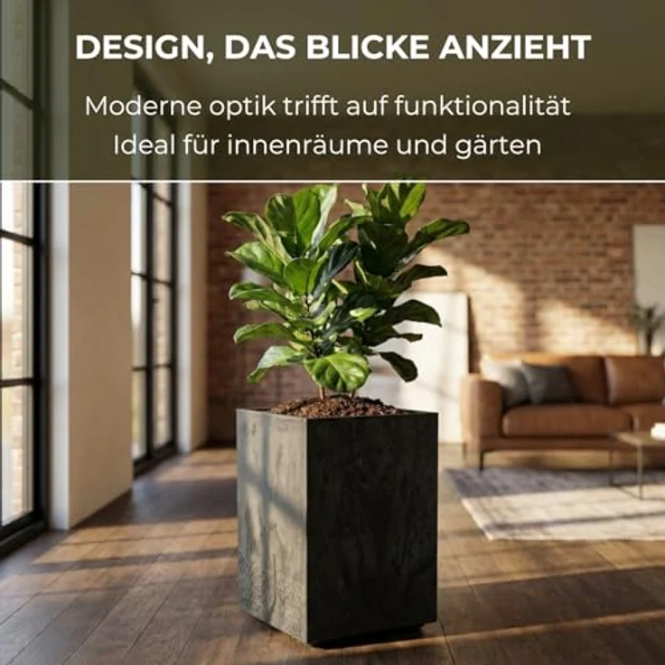 LAMELA Pflanzkübel mit Rollen Höhe 60 cm, 36L – Blumentopf aus Kunststoff in Betonoptik – Übertopf mit Wasserablauf – Modern für Innen & Außen - Wetterfest & Pflegeleicht, Schwarz – Bild 4