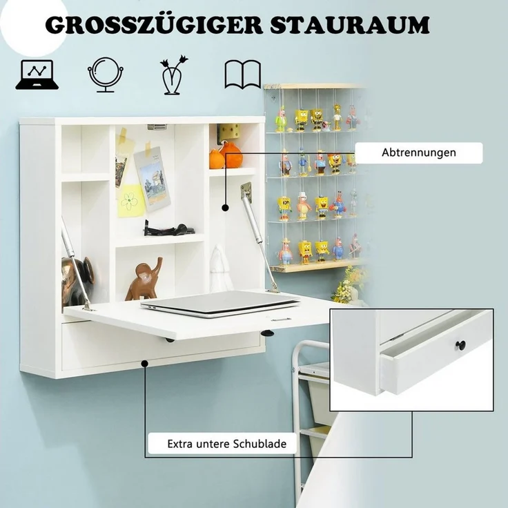 COSTWAY Klapptisch, Wandklapptisch mit Ablagefächern & Schublade – Bild 3