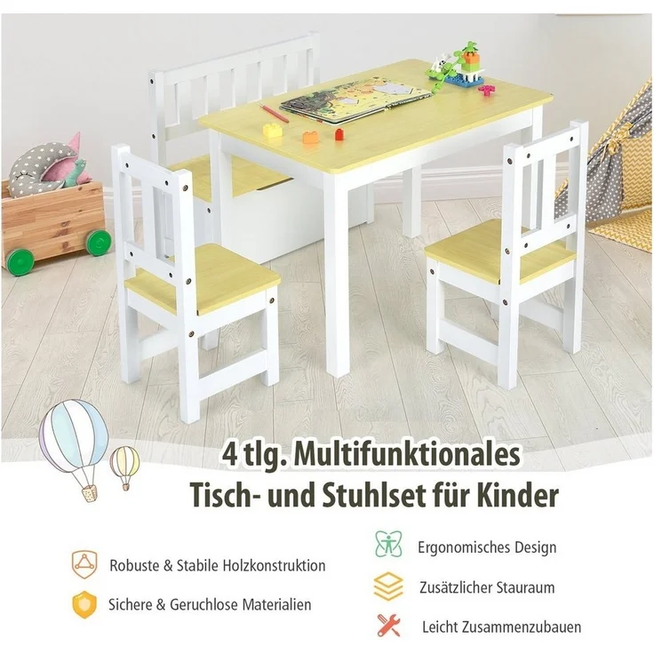 COSTWAY 4 teiliges Kindersitzgruppe Holz, Kindertisch Stühlen Sitzbank mit Stauraum, Sitzgruppe Kinder, Kindertischgruppe, Kindermöbel Kindersitzgarnitur (Natur) – Bild 2