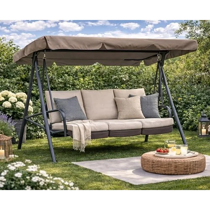 Hollywoodschaukel Dachbezug 200x145 cm Taupe Wasserdicht | Universal Ersatzdach Gartenschaukel 3 Sitzer | UV 50 Schaukel Dach Ersatz Bezug – Bild 3