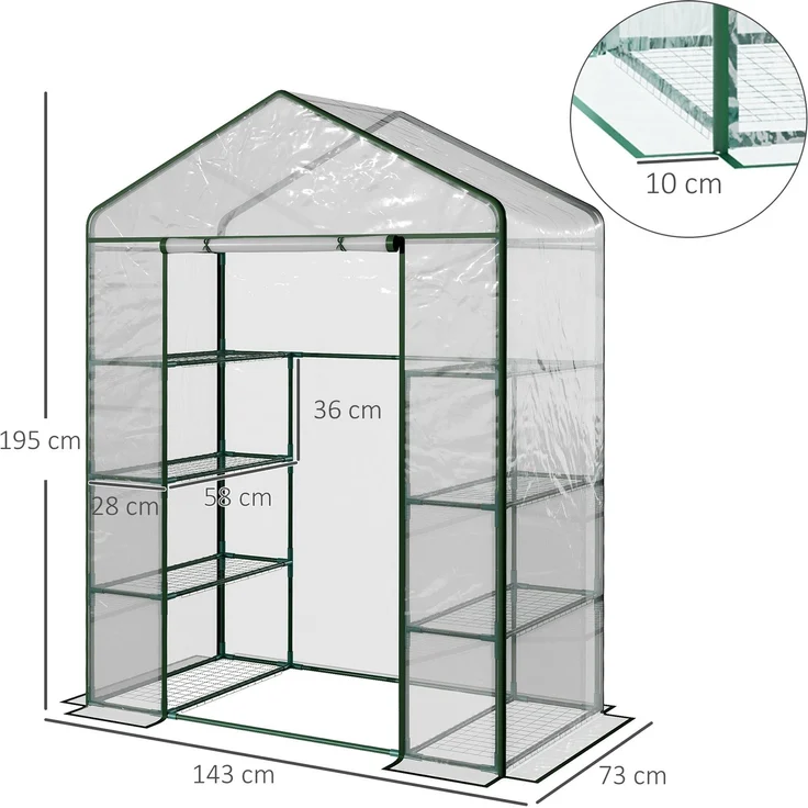 MELAYR, Gartengewächshaus mit 8 Ablagen, transparenter PVC-Abdeckung und Rolltür, 93 x 29,5 x 11,5 cm, Dunkelgrün – Bild 5