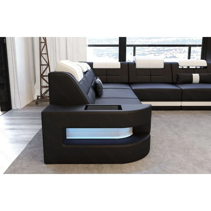 Mini Wohnlandschaft Como U Form - Echtleder - schwarz-weiß - Links – Bild 5
