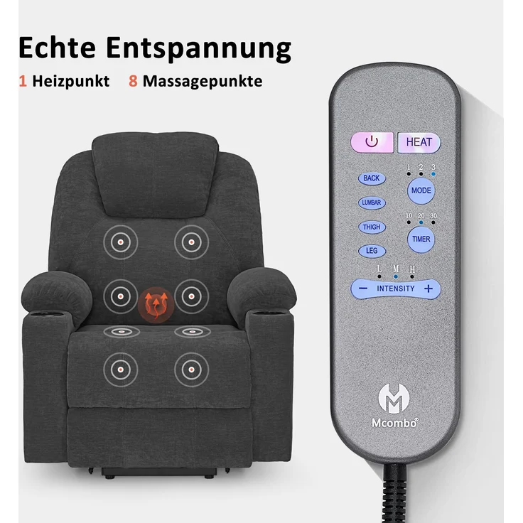M MCombo elektrisch Aufstehhilfe Fernsehsessel Relaxsessel 7040 Massage Heizung elektrisch verstellbar USB-Anschluss (Chenille, Grau) – Bild 5