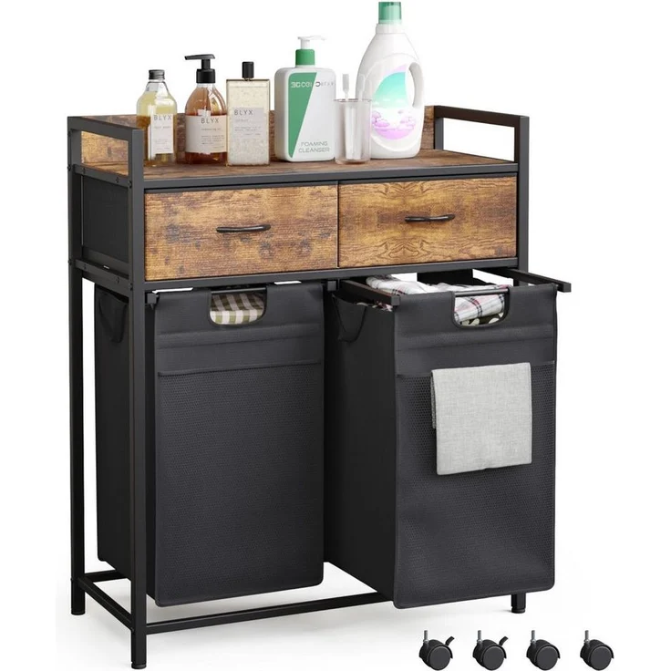 Mondeer Wäschekorb Metallgestell Wäschesammler (2 St, 2 x 50 L), mit 2 abgetrennten Säcken & 2 Schubladen, mit Rollen & Netztaschen – Bild 2