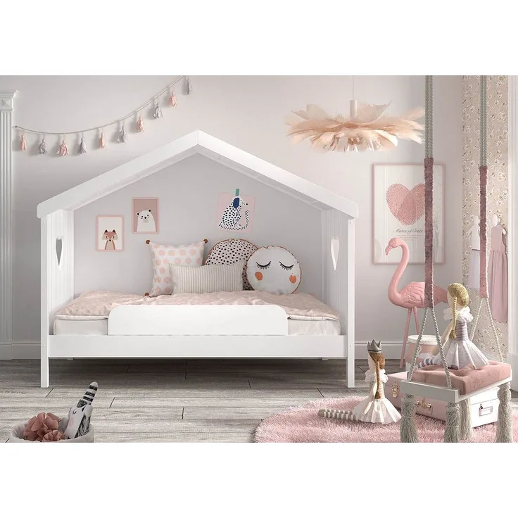 Hausbett Amori mit Absturzschutz, Liegefläche 90x200 cm, inkl. Rolllattenrost Ausf. Kiefer und MDF weiß lackiert