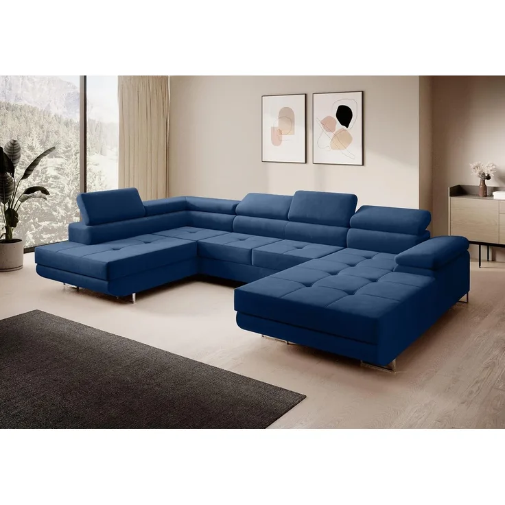 Sofa FERRO, moderne Couch mit verstellbaren Kopfstützen, ausziehbare Polstercouch, Sofa mit Schlaffunktion, zwei Bettkästen, U- Form - Kronos 09, 72 x 201 x 335 cm