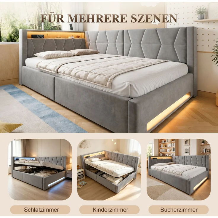 TavilaEcon Polsterbett Samtbett mit LED-Beleuchtung an Kopf- und Fußteil, USB & Type-C grau Liegefläche 140 × 200 cm – Bild 6