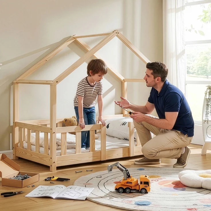 en.casa Hausbett aus Kiefernholz mit Rausfallschutz und Lattenrost 70x140 cm, natur – Bild 5