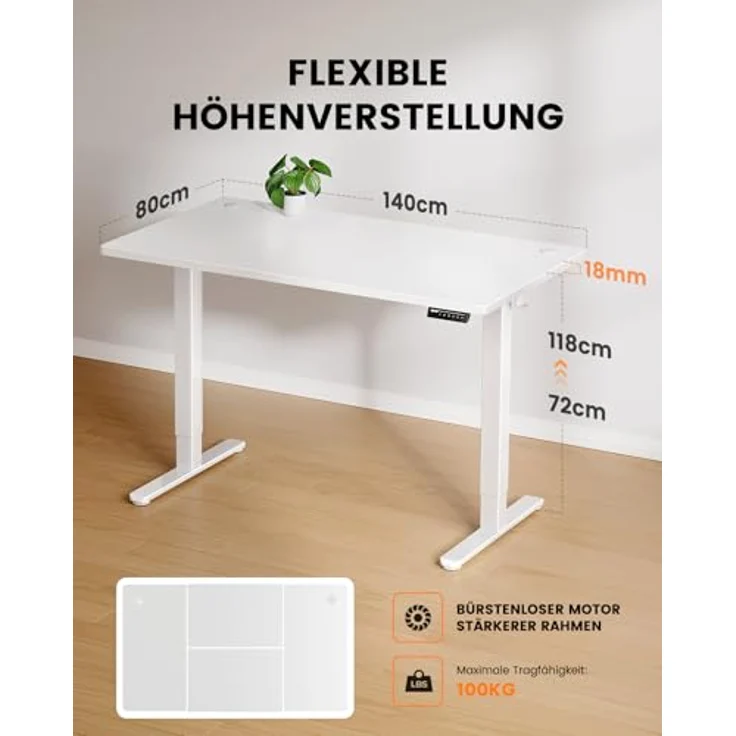 ErGear Höhenverstellbarer Schreibtisch-140x80 cm,100 KG Tragkraft Elektrischer Schreibtisch mit Fortgeschrittenem Bürstenlosem Motor, Leise Funktion, Robuster Metallrahmen, Vierteilige Tischplatte – Bild 4