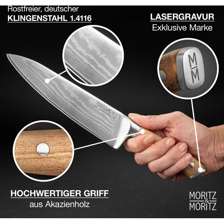 Moritz & Moritz Damast Kochmesser, ergonomischem Griff, 20 cm Klinge – Bild 2