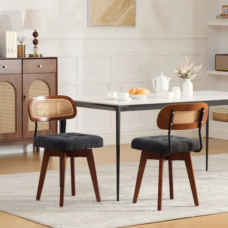 LVHOM 2er-Set Esszimmerstühle 360° Drehstuhl, Polsterstuhl in Rattan-Optik mit Chenille Kissen, stabiler Küchenstuhl mit Metallbeinen, Schwarz – Bild 8