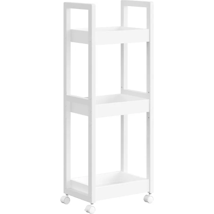 SONGMICS Rollwagen, Badregal, Badezimmerregal mit 3 Ebenen, Nischenregal Bambus, Regal schmal, Nischenwagen auf Rollen, platzsparend, 20 x 30 x 80 cm, weiß BCB083W01