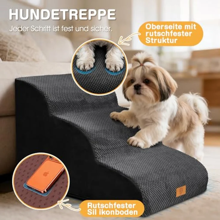 ZNM Hundetreppe – 3-stufige, wasserdichte Haustiertreppe für kleine Hunde, mit waschbarem Bezug und Reißverschluss, rutschfester Schwamm-Rampe, tragbar, auch als Katzentreppe nutzbar – Bild 7