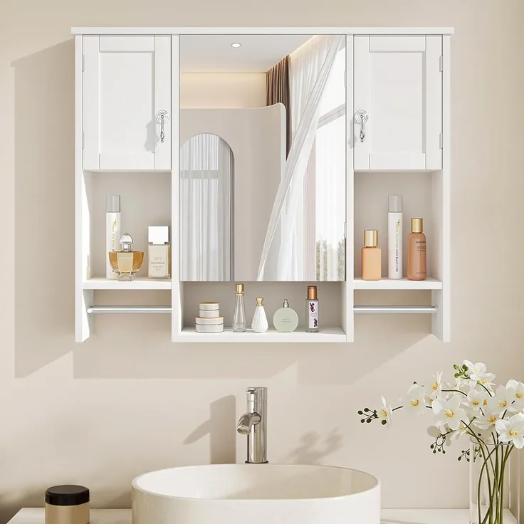 Badezimmerschrank mit Spiegel, Wandschrank mit Türen und offenen Fächern, wandmontierter Medizinschrank mit 2 Handtuchhaltern, Badschrank für Badezimmer, Waschküche und Küche, Weiß